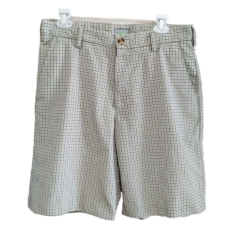 IZOD Shorts Men's Golf Flat Front Lightweight Pocketed Size 32 Beige Black Plaid
